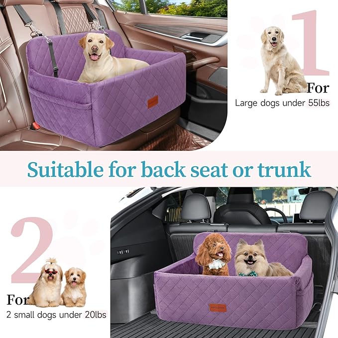 Dog Car Seat for Medium/Large Dogs, Pet Booster Seat for Under 55 lbs or 2 Small Dogs, Detachable & Washable Dog Car Bed for Backseat with 2 Safety Leashes (Purple)-PawvioPets