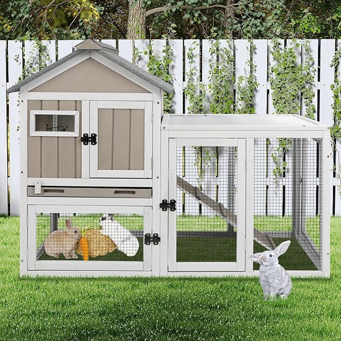 48" L Rabbit Hutch Outdoor Indoor Bunny Hutch Weatherproof, 2-Story Wood Rabbit Cage with Deep Tray, Chew-Resistant Ramp, UV Roof, Bunny House for Small Animal, Expandable Guinea Pig Cage-PawvioPets
