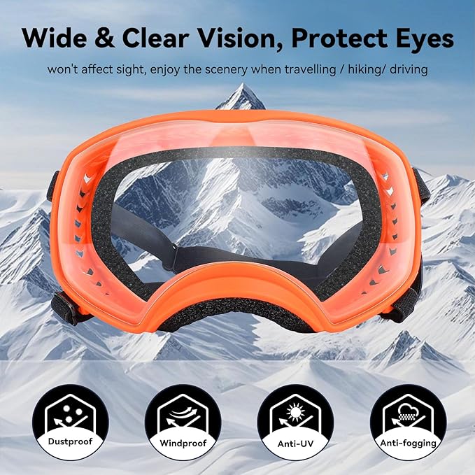 Dog Sunglasses UV Protection Clear Dog Goggles Windproof Glasses with Elastic Straps for Medium-Large Breed, Orange Frame + Clear Lens-PawvioPets