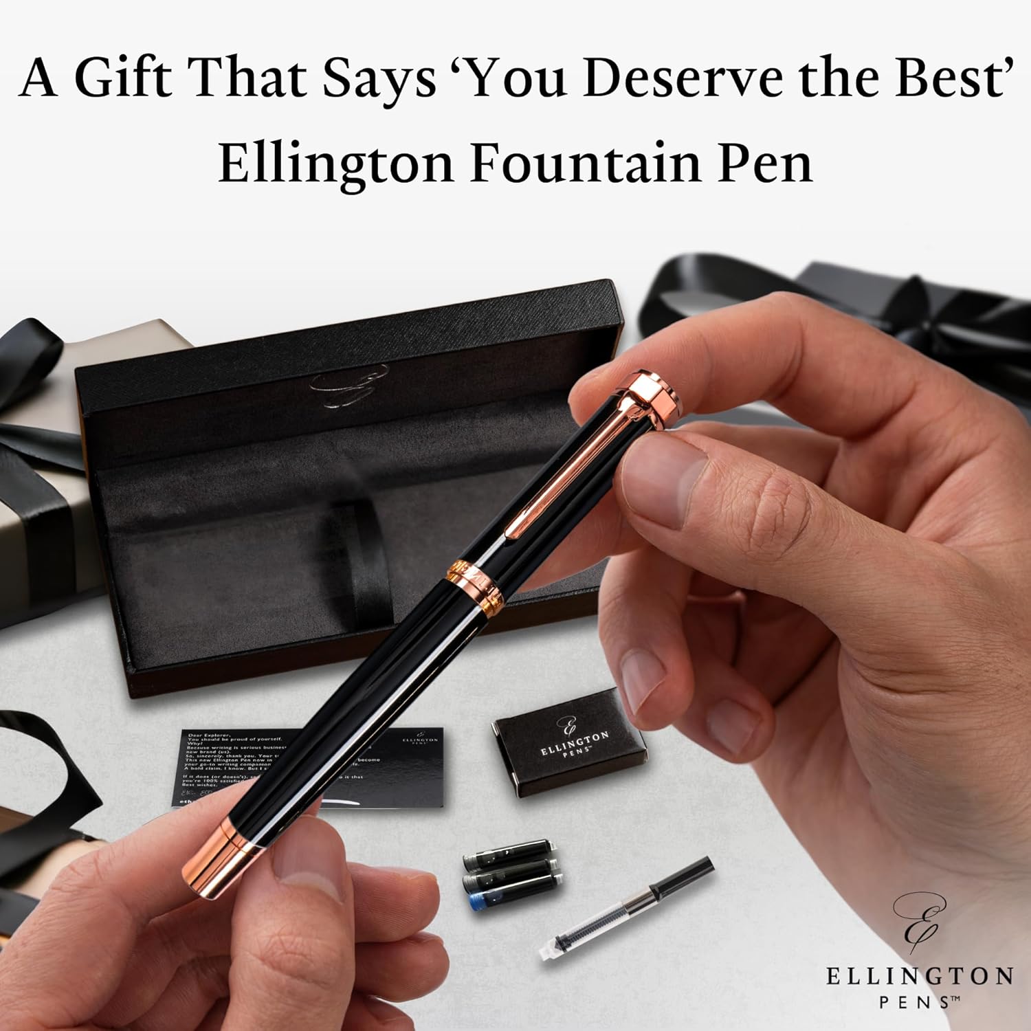 Ellington Pens Luxury Fountain Pen Set- Fountain Pens for Writing - Smooth Medium Nib - Includes Refillable Ink Converter, 3 Ink Cartridges [Black & Blue], Gift Box - Elegant Calligraphy
