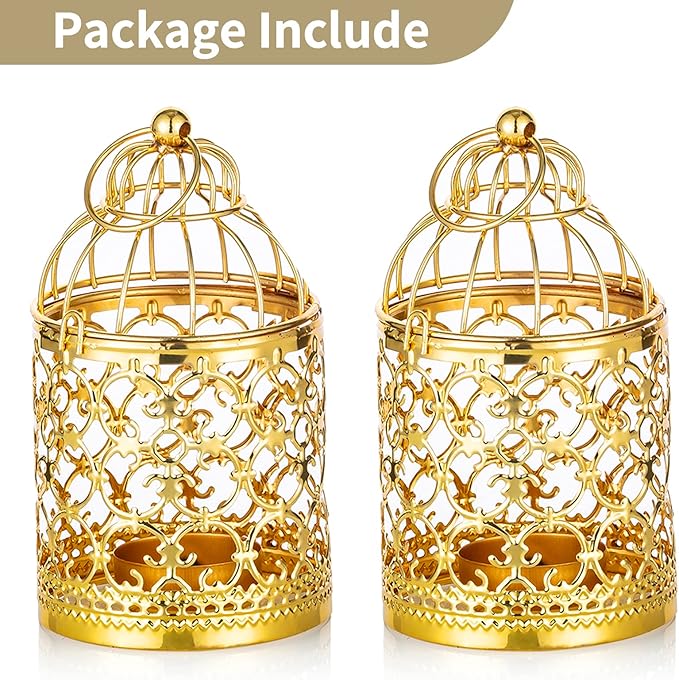 2 Pcs Small Metal Tealight Hanging Birdcage Lantern, Vintage Decorative Centerpieces of Wedding, Party, Gold-PawvioPets