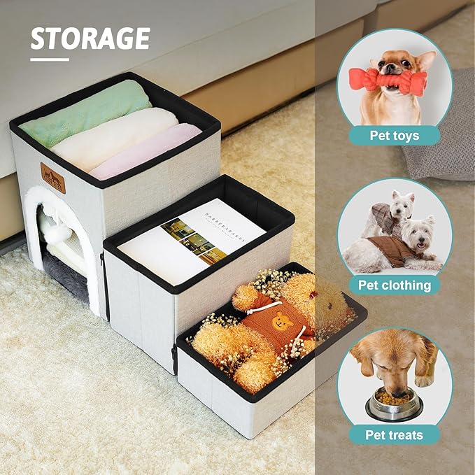 Dog Stairs for Small Dogs with Storage and Condo, 14" H Foldable Pet Stairs for Small Medium or Puppy Dogs and Older Cats, Dog Steps for Bed or Couch, 13x27x14 inch, 3 Tiers, Grey-PawvioPets