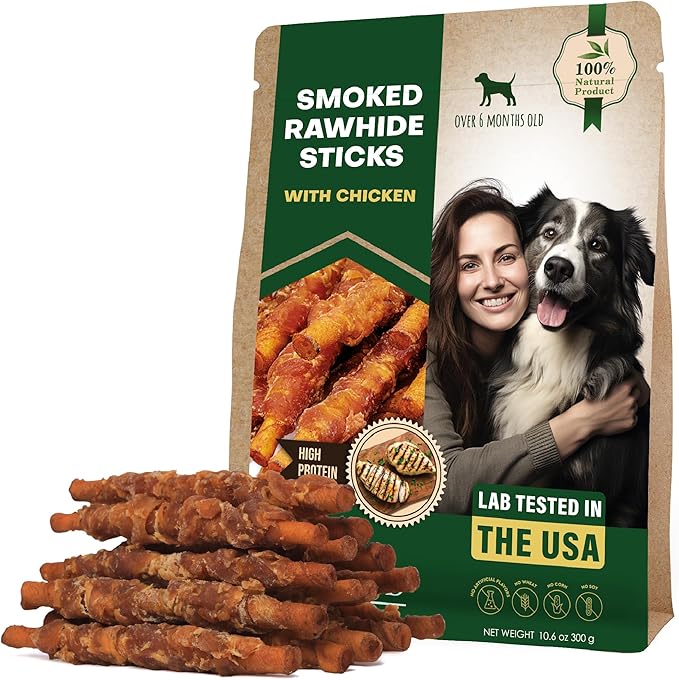 Dog Treats Rawhide Sticks Wrapped with Chicken 11 oz Pet Natural Chew Treats - Grain Free Meat & Human Grade Dried Snacks - Best for Small & Large Dogs (10.6 Ounce (Pack of 1), Smoked Chicken)-PawvioPets