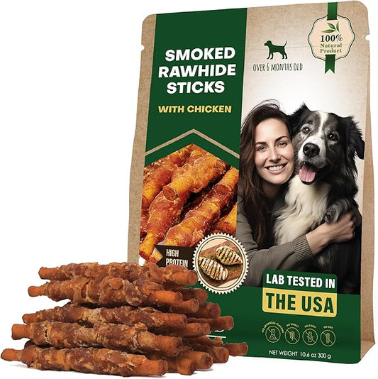 Dog Treats Rawhide Sticks Wrapped with Chicken 11 oz Pet Natural Chew Treats - Grain Free Meat & Human Grade Dried Snacks - Best for Small & Large Dogs (10.6 Ounce (Pack of 1), Smoked Chicken)-PawvioPets