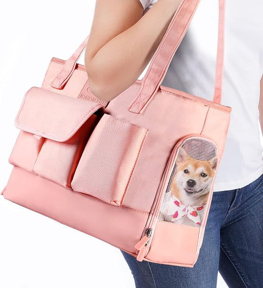 Dog Carrier, Cat Carrier, Pet Carrier, Foldable Waterproof Premium PU Leather Oxford Cloth Dog Purse, Portable Tote Bag Carrier for Small to Medium Cats and Small Dogs (Pink)-PawvioPets