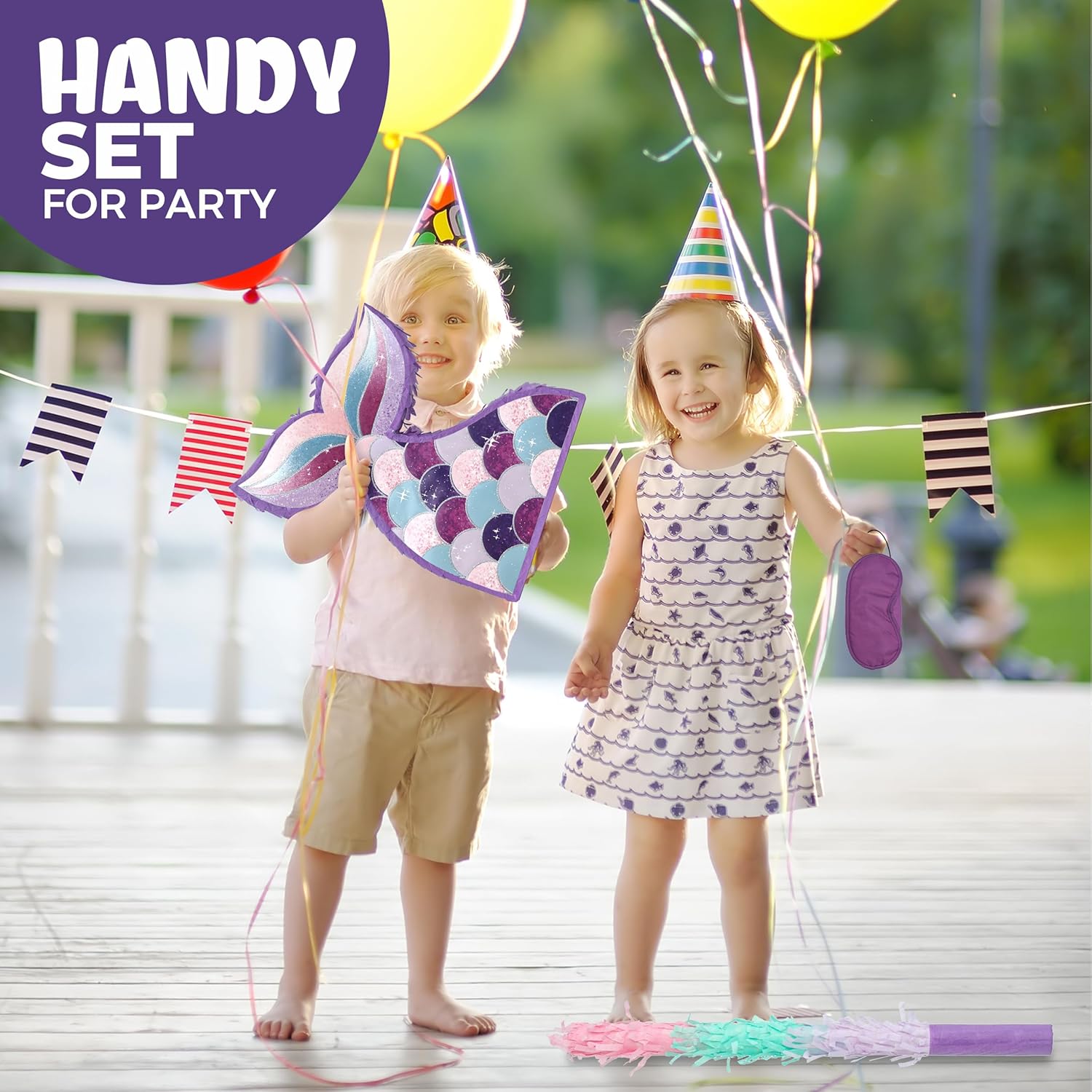Mermaid Tail Pinatas Bundle with a Blindfold and a Bat (16.5 x 12 x 4 Inches), Perfect for kid's Birthday Parties, Mermaid Theme Parties for Girls, Decorations