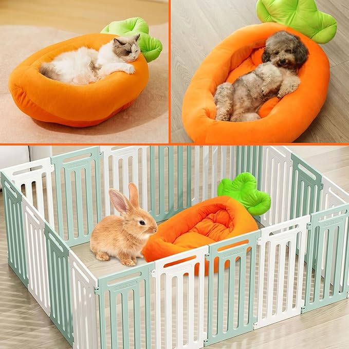 Bunny Bed,Thick&Soft Rabbit Bed with Removable Cushion,Machine Washable with Rattan Mat & Heart Decor,Cozy Warm Small Animal Sleeping Beds (Carrot Shape-M)-PawvioPets