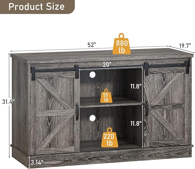 Farmhouse 55-75 Gallon Fish Tank Stand with Power Outlet, Aquarium Stand with Cabinet&Sliding Barn Door, Heavy Duty Reptile Tank Stand for 2 Fish Tank/Turtle Tank/Reptile Terrarium, Grey-PawvioPets