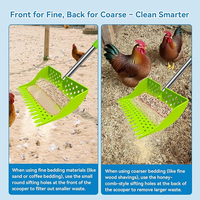 12-Inch 2-in-1 Chicken Poop Scooper & Rake – US Patent Pending – 3-Shape Sifting Holes Chicken Coop Rake，Stainless Steel Handle （20–61"）– Litter Scoop Sand & Sifting Shovel for Chicken Coops(Green)-PawvioPets