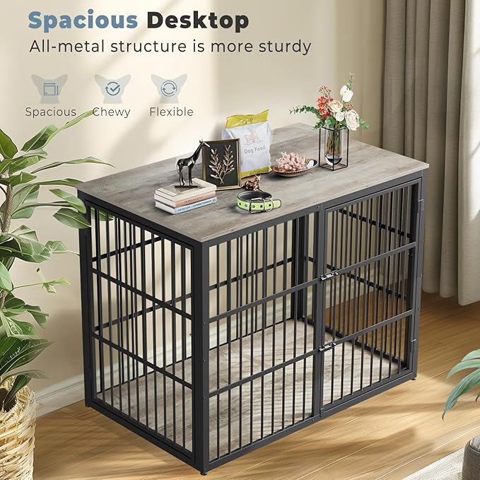48'' XXL Dog Crate Furniture with 3 Doors, Wooden Crate End Table Heavy Duty Indoor Combination Cage for Medium to Large Dogs, Multiple Units Can be Combined, Grey-PawvioPets