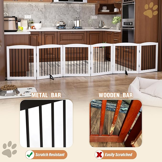 Freestanding Pet Gate for Dogs, Foldable Wooden Dog Gate for House, Extra Wide Indoor Pet Barrier for Stair, Doorway, Hall, Support Feet Included, 120 Inch Wide, 6 Panels 24", White-PawvioPets