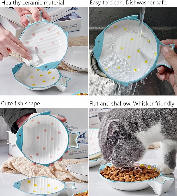 Double Whisker Friendly Ceramic Cat Food Dishes, Cute Shallow Anti Whisker Fatigue Wide Cat Bowl for Indoor Cats, Whisker Relief Flat Cat Plates for Wet Food, Small Pet Kitten Feeding Dish-PawvioPets