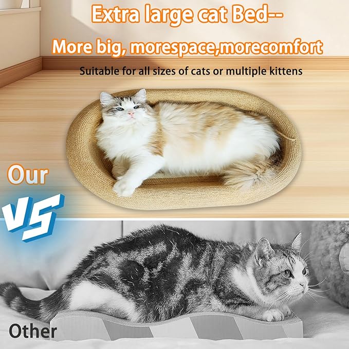 3-in-1 Sisal Scratching Board Bed, for Indoor Cats, Large Oval Cat Scratching Board, Toys for Playing and Nursing Paws (24x15x5 inches) (Large Size, Cat Bed - with Cooling Pad)-PawvioPets