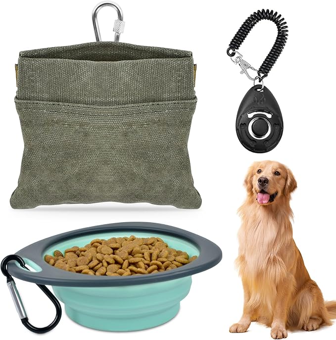 CONLI Dog Treat Pouch Set Portable Dog Training Treat Pouch with Folding Bowl and Training Clicker, Auto Closing Pet Snack Reward Pocket Treat Pouches for Pet Training Walking-PawvioPets
