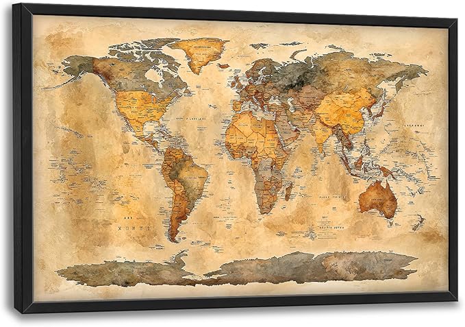 Extra Large World Map Framed Wall Art for Living Room,Oversized Vintage Map of The World Pictures Wall Decor,Canvas Print Painting Modern Artwork Bedroom Office Bathroom 36L" x 24W"-PawvioPets