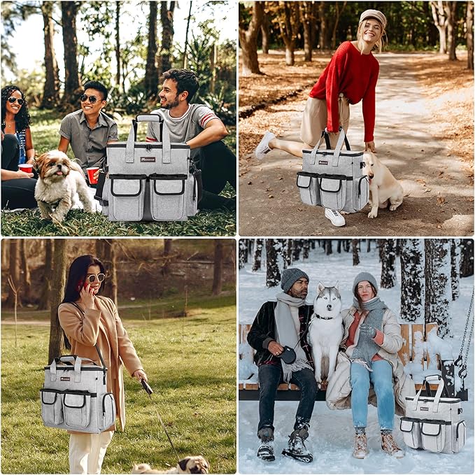 Airline Approved Dog Travel Bag with 2 Dog Treat Training Pouches, Tote Organizer for Weekend Pet Travel Supplies & Accessories, 2 Collapsible Bowls, 2 Food Container (Grey)-PawvioPets