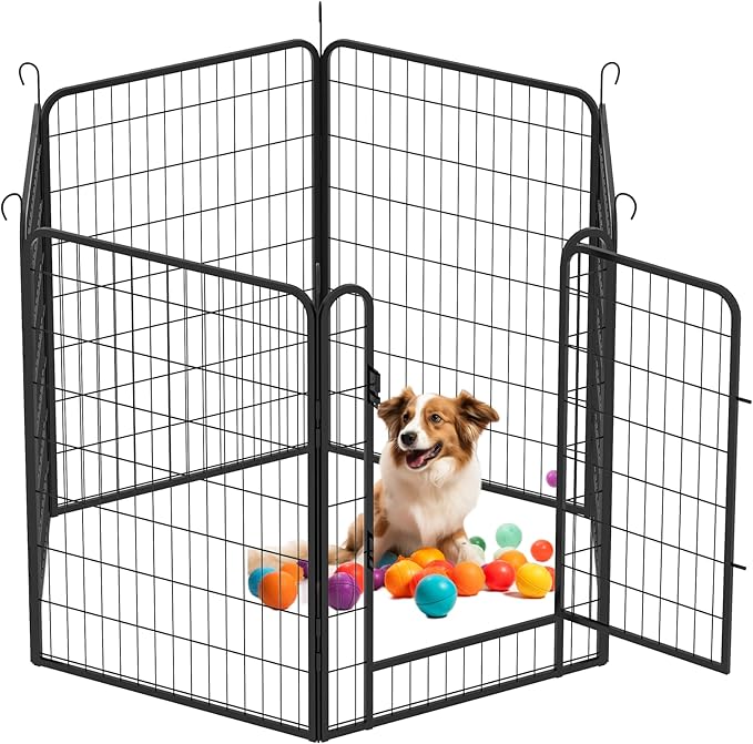 Dog Playpen, Outdoor Dog Fence, 6 Panels, 40" H Dog Pen for Large/Medium/Small Dogs, Heavy Duty Metal Pet Fence with Gate, Portable Dog Fence for RV Camping and Yard (Black)-PawvioPets