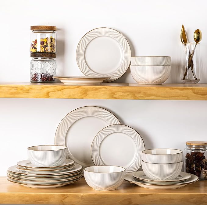 GBHOME Ceramic Dinnerware Sets,18 pcs Embossed Elegant Stoneware Plates and Bowls Sets, Housewarming Wedding Gift | Dishwasher & Microwave Safe | Dishes Set Service for 6-PawvioPets