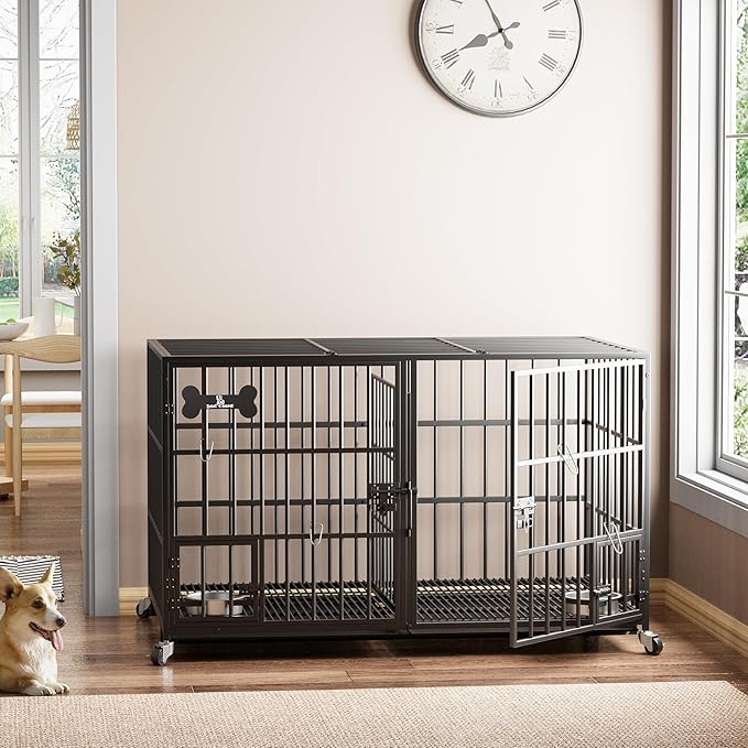 54 inch XL Dog Crate for Large Dog/Double Medium Dogs,Heavy Duty Metal Dog Cages,All Metal Open Top,Dog Kennel Indoor with Wheels,Floor Grid, Tray, Divider and Feeding Bowl-PawvioPets