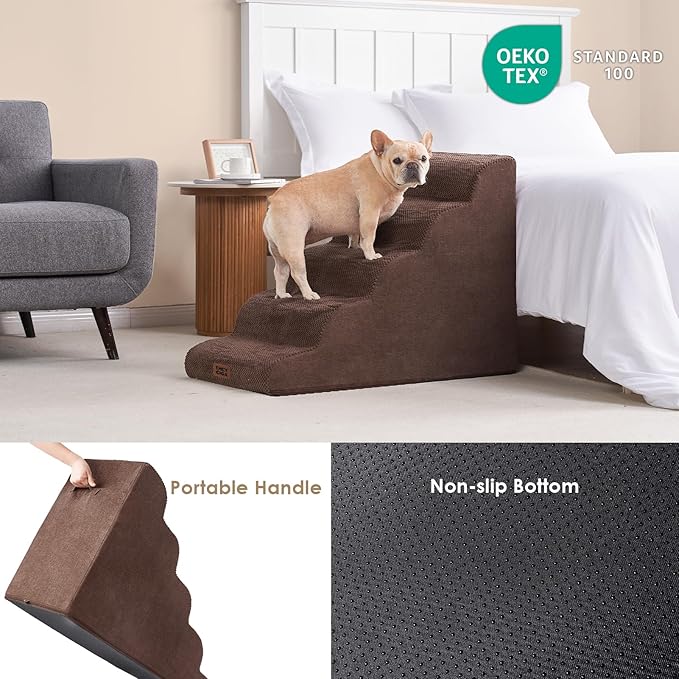 EHEYCIGA Curved Dog Stairs Ramp for High Beds, 5-Step Extra Wide Dog Steps for Small Dogs and Cats, Pet Stairs for High Bed Climbing, Non-Slip Balanced Pet Step Indoor, Brown-PawvioPets