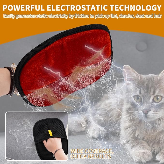 2PCS Electrostatic Pet Grooming Gloves, Reusable Hair Remover for Dog Cat Fur on Clothes Furniture Car Seat/Red-PawvioPets