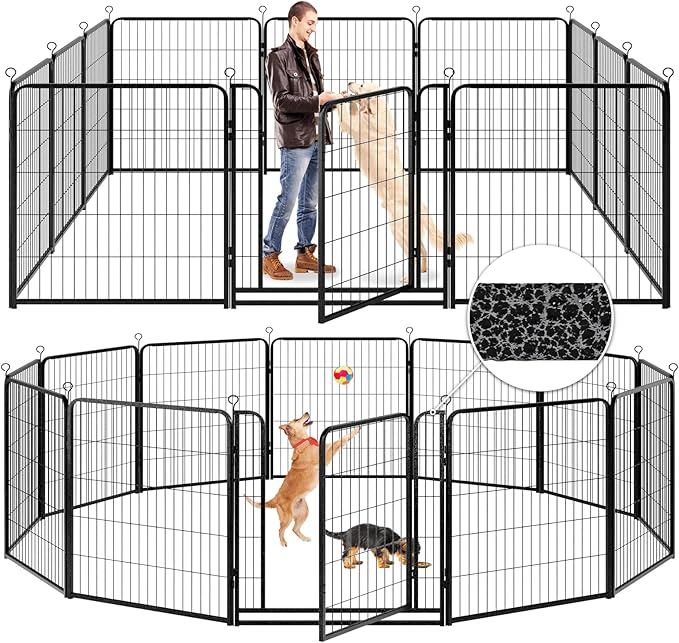 Dog Playpen Outdoor Extra Wide 12 Panels Heavy Duty Anti-Rust Coating-Strengthened Dog Fence 40" Height with Doors Portable for RV Camping Yard, Total 32FT, 79 Sq.ft, Snowy Black-PawvioPets