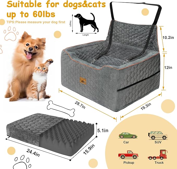Dog Car Seat for Medium/Large Dog Booster Seat Under 60 lbs or 2 Small Dogs, Multi-Functional Pet Car Seat with Thick Cushion, 2 Safety Leashes (Gray)-PawvioPets