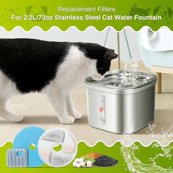 5 Set Cat Water Fountain Filter Replacement for Square 2.2L/73oz Stainless Steel Cat Fountain, ZEKIRY Pet Fountain Filter, Triple Filtration Replacement Filters(5 Filter, 5 Sponge, 5 8D Sponge)-PawvioPets