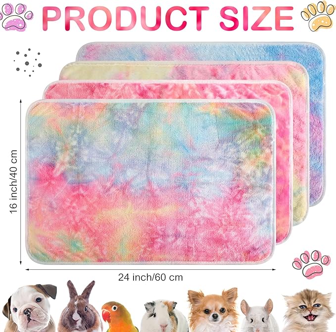 4 Pcs Waterproof Guinea Pig Blankets Washable Small Animal Fleece Bedding Absorbent Guinea Pig Cage Liners Reusable Pet Pee Pad Sleep Mat Pad Cover for Hamster Ferret (Tie Dye Pattern,24 x 16 Inch)-PawvioPets