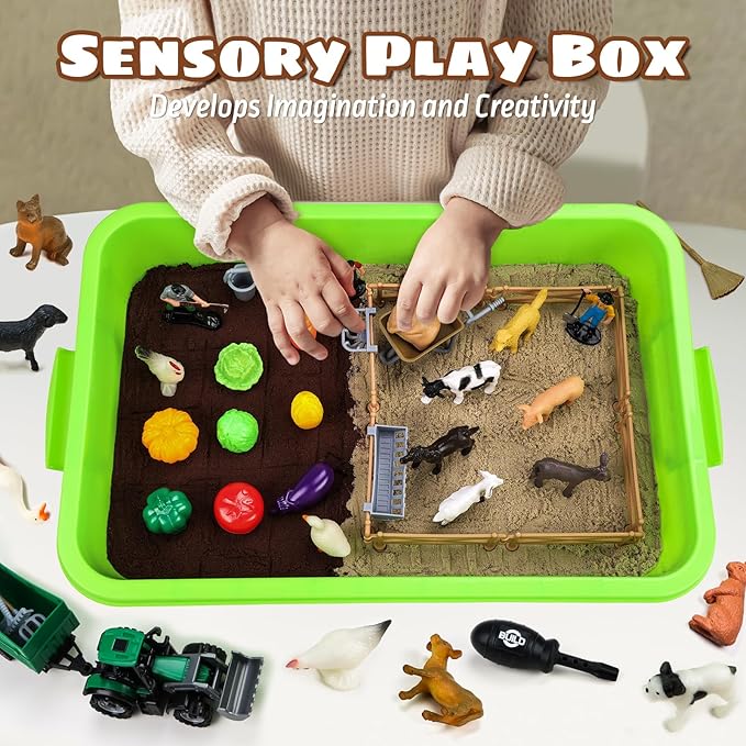 69 PCS Farm Sensory Bin Toys Playset, Sandboxes with Sand, Farmer Tractor & Farm Animals Figures Toys for Kids 3 4 5, Gifts for 6 7 Years Old Boys Girls Toddlers-PawvioPets