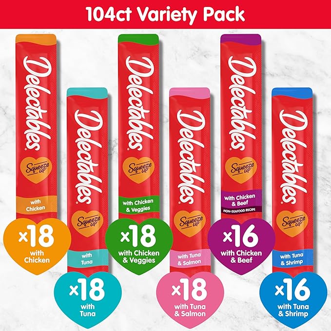 Delectables Squeeze Up Variety Pack, Creamy Squeezable Puree, Lickable Wet Cat Treats, Grain Free, No Added Fillers, No by-Products, No Added Preservatives, 0.5 Ounces Tube, 104 Tubes Total-PawvioPets