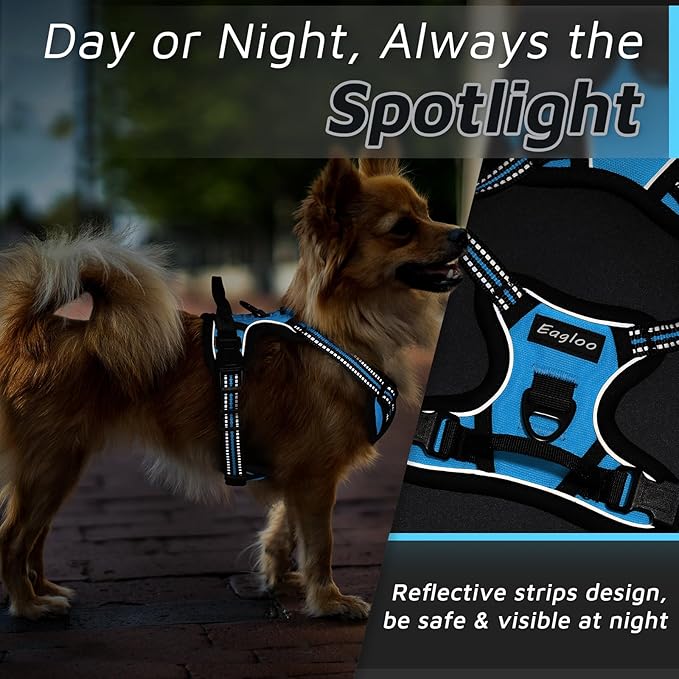 Eagloo Small Dog Harness No Pull, Service Vest with Reflective Strips and Control Handle, Adjustable and Comfortable for Walking, No Choke Pet Harness with 2 Metal Rings, Sky Blue, XS-PawvioPets