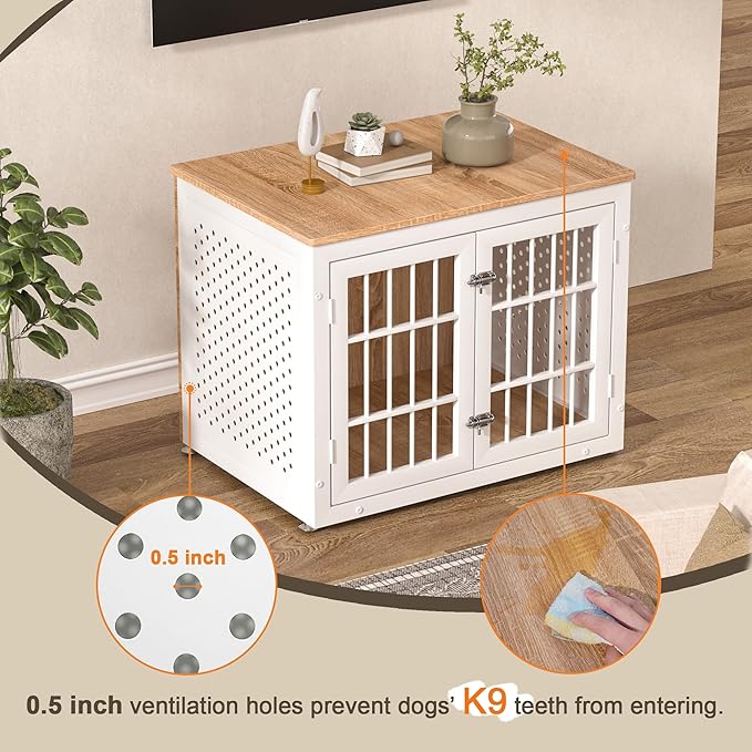 32" Heavy Duty Dog Crate Furniture for Small and Medium Dogs, Metal Kennel for High Anxiety Dogs, Chew Proof Pet Cage Indoor, Decorative Dog Kennel End Table, White-PawvioPets