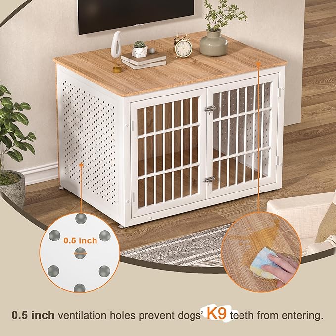 42" Heavy Duty Dog Crate Furniture for Large Dogs, Metal Kennel for High Anxiety Dogs, White Wooden Cage Furniture Indoor, Decorative Dog Kennel End Table, XL-PawvioPets