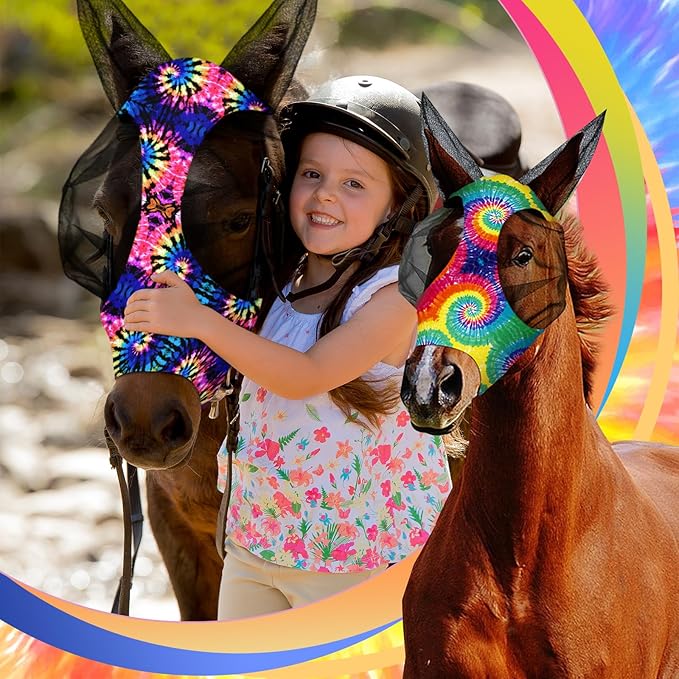 Frienda 4 Pieces Horse Fly Masks with Ears Face Covering UV Protection from Insect Pests Elasticity Smooth Comfortable Mesh Horse Mask Accessories(Tie-dye,Medium)-PawvioPets