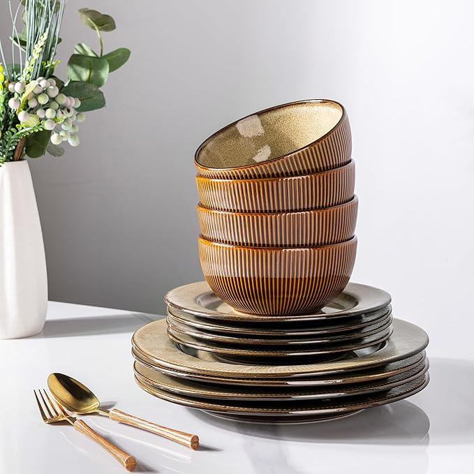 GBHOME Ceramic Dinnerware Sets,12 pcs Embossed Elegant Stoneware Plates and Bowls Sets, Housewarming Wedding Gift | Dishwasher & Microwave Safe | Dishes Set Service for 4-PawvioPets