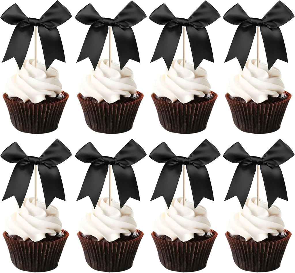 24 PCS Bow Cupcake Toppers Bowknot Cake Toppers Bow Cupcake Picks Bowknot Birthday Party Decorations Bow Cake Dessert Picks for Wedding Bridal Engagement Baby Shower Birthday Party Supplies Black
