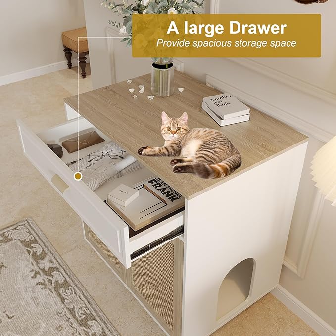 Cat Litter Box Enclosure Furniture Hidden - Indoor 2-in-1 Wooden Cat House & Washroom Cabinet with Scratching Board Doors and Drawer, 31.5”x21.6”x34.6”H-PawvioPets