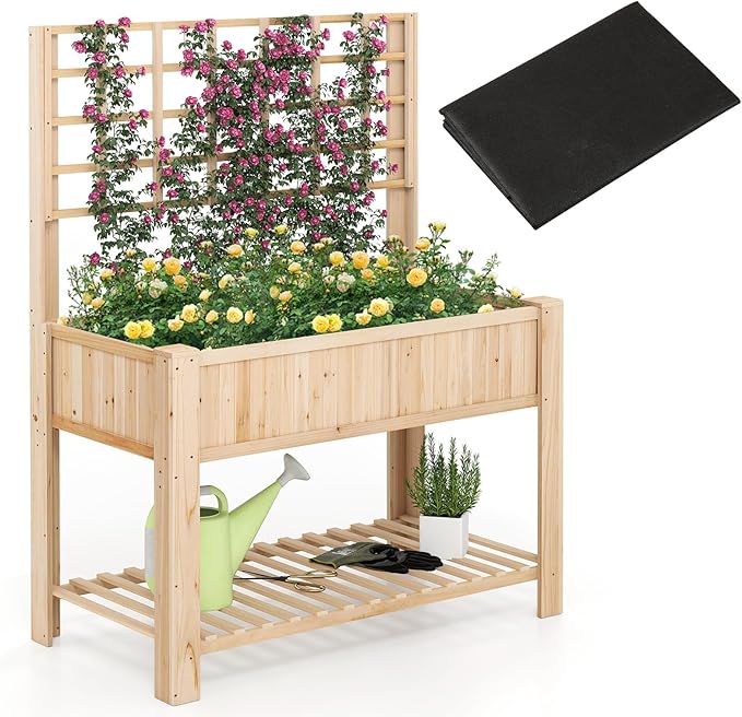 Giantex Raised Garden Bed with Trellis, Wooden Elevated Planter Box with Legs, Drainage Holes for Climbing Plants Vines Vegetables Flowers Herbs, Outdoor Horticulture Planter for Patio Yard-PawvioPets