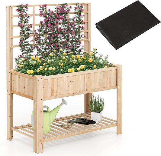 Giantex Raised Garden Bed with Trellis, Wooden Elevated Planter Box with Legs, Drainage Holes for Climbing Plants Vines Vegetables Flowers Herbs, Outdoor Horticulture Planter for Patio Yard-PawvioPets