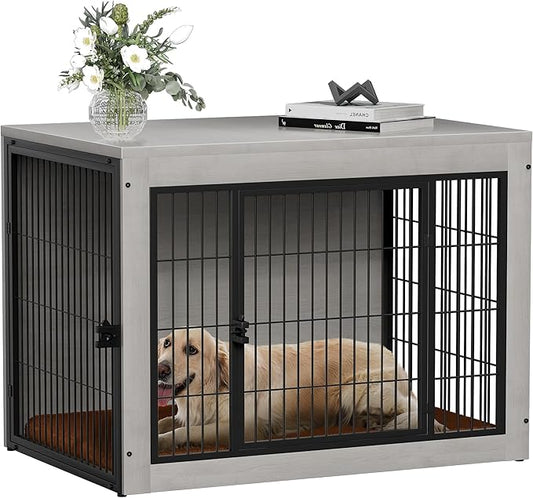 Bigrab Dog Crate Furinture with Thick Cushion, Side End Table Wooden Dog Cage with Double Doors, Chew-Resistant Dog Kennel Dog House Indoor for Small to Large Dog, L (Grey)-PawvioPets