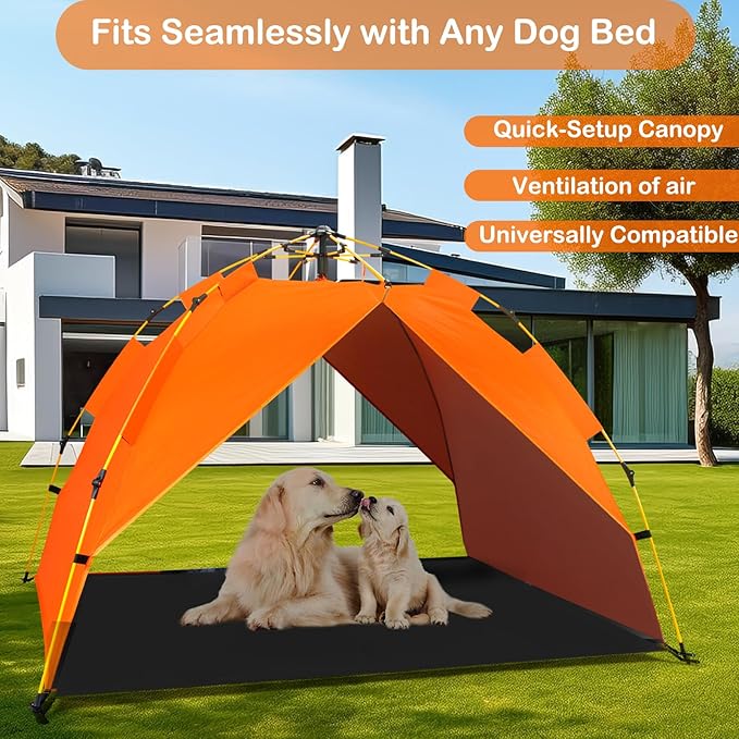 Dog Canopy Shade Shelter Tent for Small Medium Elevated Raised Outdoor Dog Bed Cots, Outside Dog House Pet Sun Umbrella, Quick Setup & No Assembly Needed, Orange 55"X40" (Cots Not Included)-PawvioPets