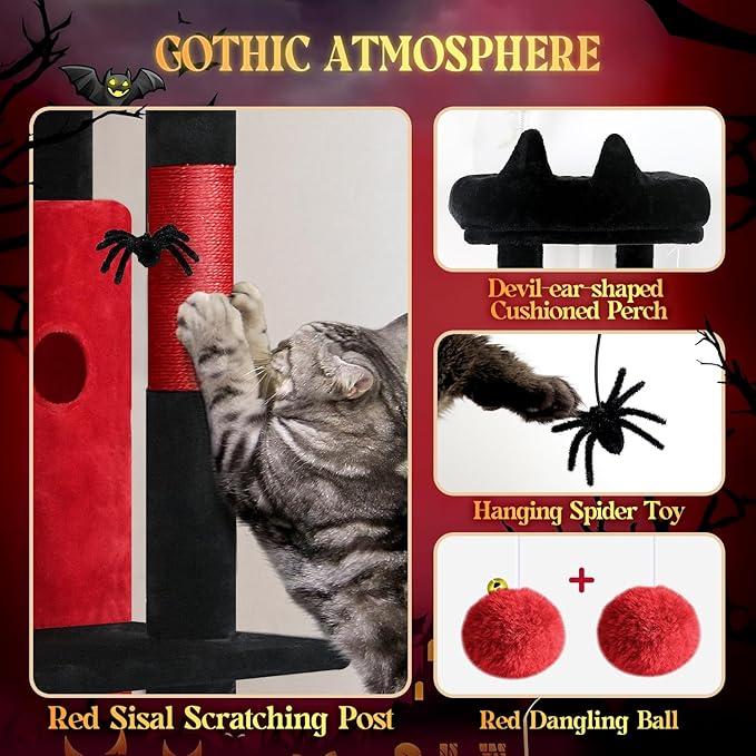Globlazer Gothic Cat Tree Tower for Indoor Cats, 50-inch Goth Adult Cat Tree House for Large Adult Cats with Steps, Scratching Post, 2 Cat Caves, Dangling Toys, FC50, Blood-Goth-PawvioPets