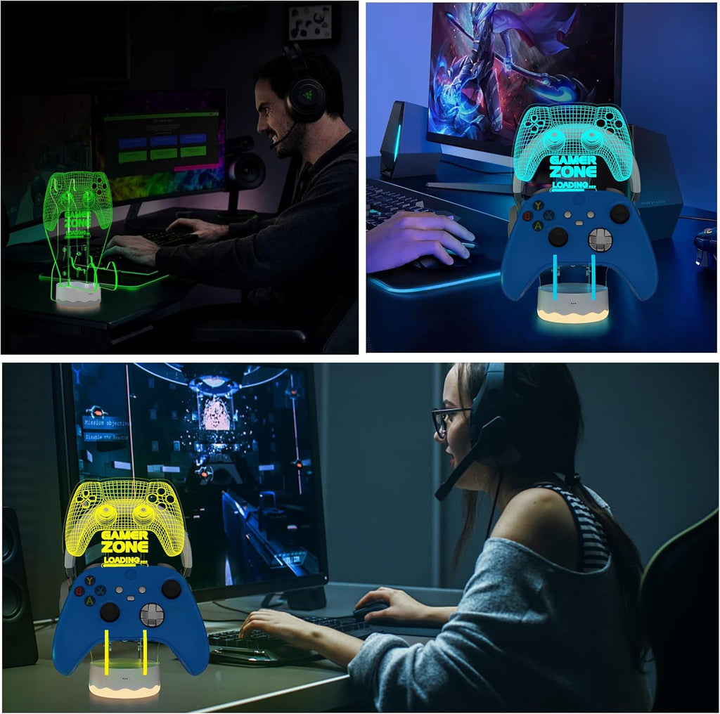 Light up Headset and Controller Stand, 16 Colors 3D LED Lights Gamepad Headphone Holder with Remote Control, Game Controller Hanger for All Universal Gaming PC Accessories