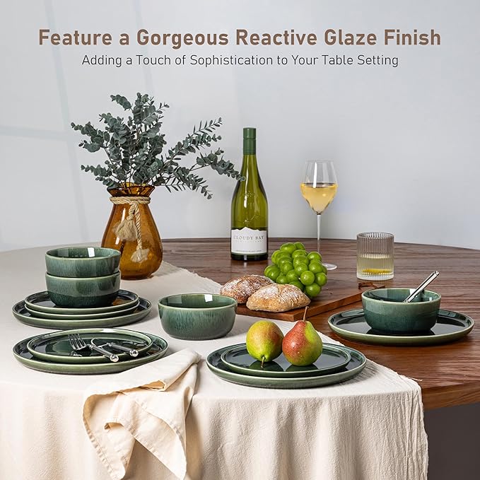 GBHOME Ceramic Dinnerware Sets for 6, 18 Pieces Stoneware Plates and Bowls Sets, Reactive Glaze Dishes -Scratch Resistant, Dishwasher&Microwave Safe, Earth Green-PawvioPets