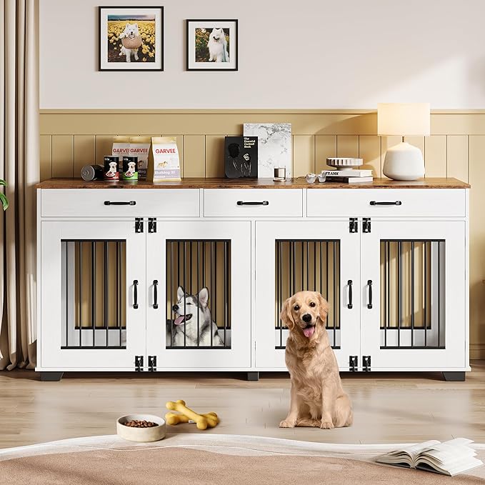 71 Inch Dog Crate Furniture for 2 Rooms, Wooden Double Crate Large Breed with Door, Dog Kennel Indoor, TV Stand End Table with Divider for Large Medium Dogs,White/Brown-PawvioPets