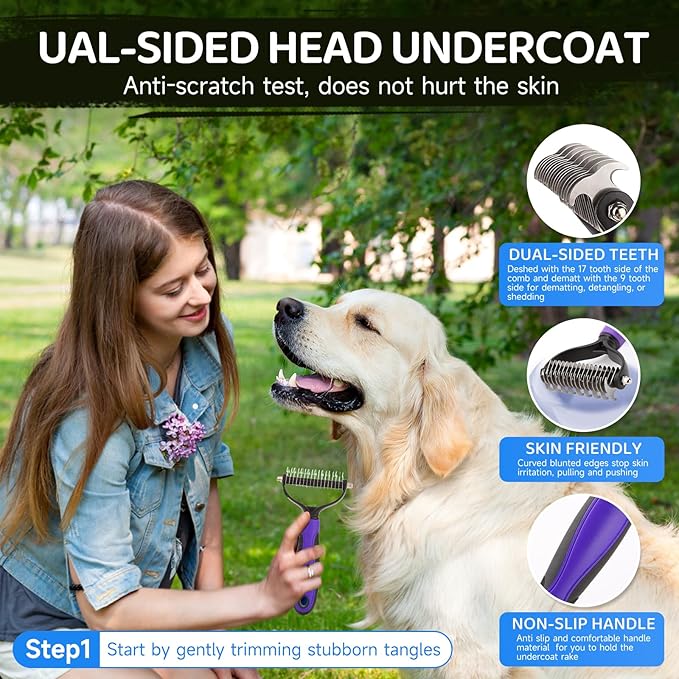 Dog Brush Kit – 3 PCS Grooming Set with Self-Cleaning Brush, Undercoat Rake & Pet Bath Brush. Great for Shedding, Tangles & Dirt Removal – Ideal for Long & Short Haired Dogs & Cats, Blue-PawvioPets