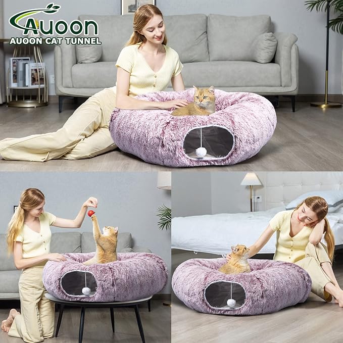 AUOON Cat Tunnel Bed for Indoor Cats - Circle Peekaboo Cat Cave with Washable Mat for Indoor Cats Kitten Kitty Puppy Rabbit Ferret (Rosiness)-PawvioPets