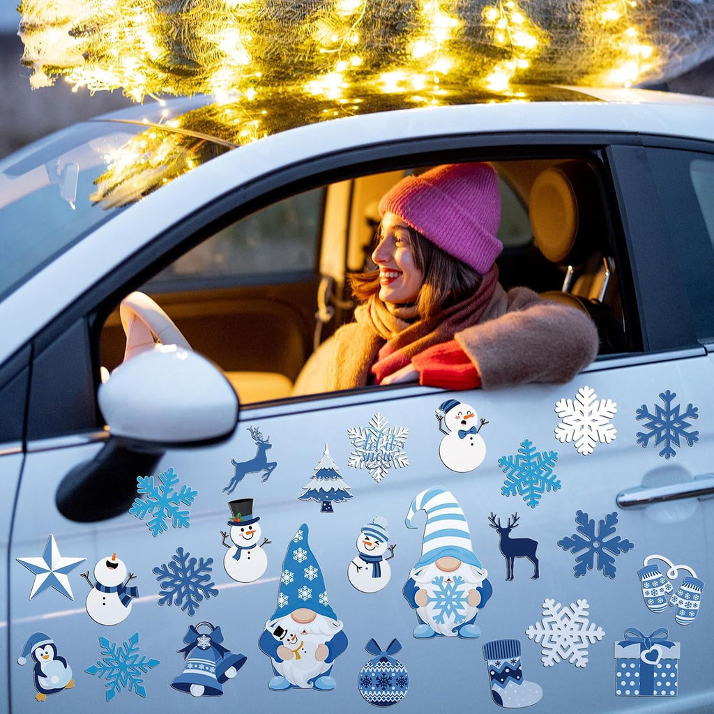 Xuhal 25 Pcs Christmas Magnets Decoration Winter Blue Gnome Snowman Snowflake Refrigerator Magnets Decorative Fridge Magnetic Stickers for Christmas Mailbox Car Metal Garage Door Decoration