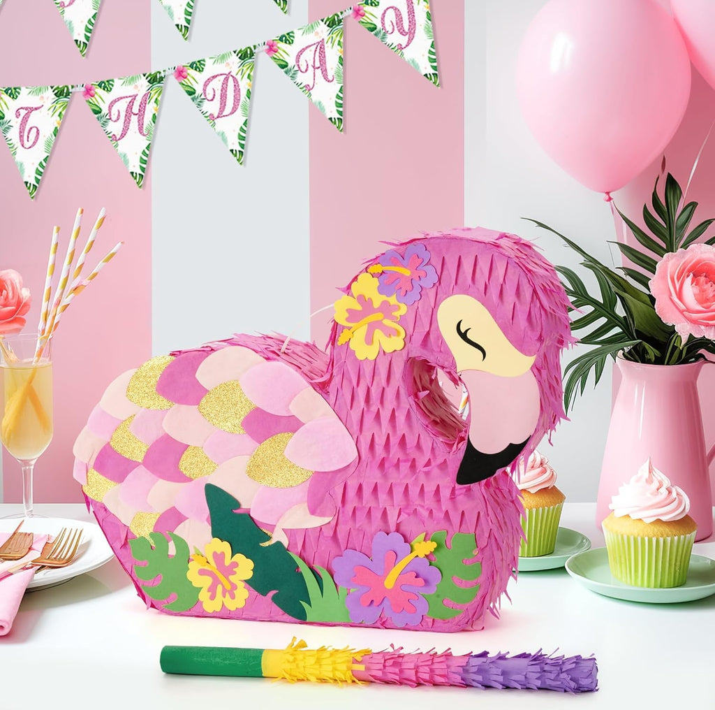 WERNNSAI Flamingo Piñata - Pink Piñata Bundle with Blindfold and Bat for Girls Kids Tropical Flamingo Theme Birthday Party Supplies Summer Pool Party Decorations for Fiestas Baby Shower